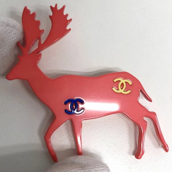 CHANEL CC Logos Pink Reindeer Brooch Silver Tone Pin 01A Auth - Picture 1 of 12